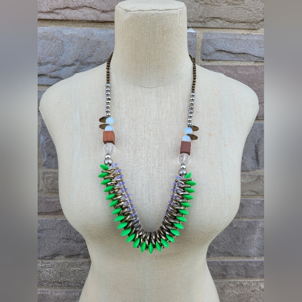 Anthropologie Pam Hiram Elegant Green Silver Gold Necklace